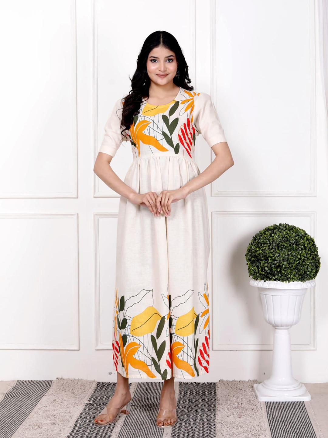 ROZLAND Floral Print Puff Sleeve A-Line Midi Dress