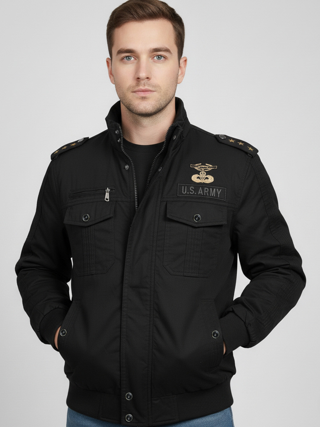 L'monte Men Solid Shoulder Tabs Spread Collar Cotton Bomber Jacket