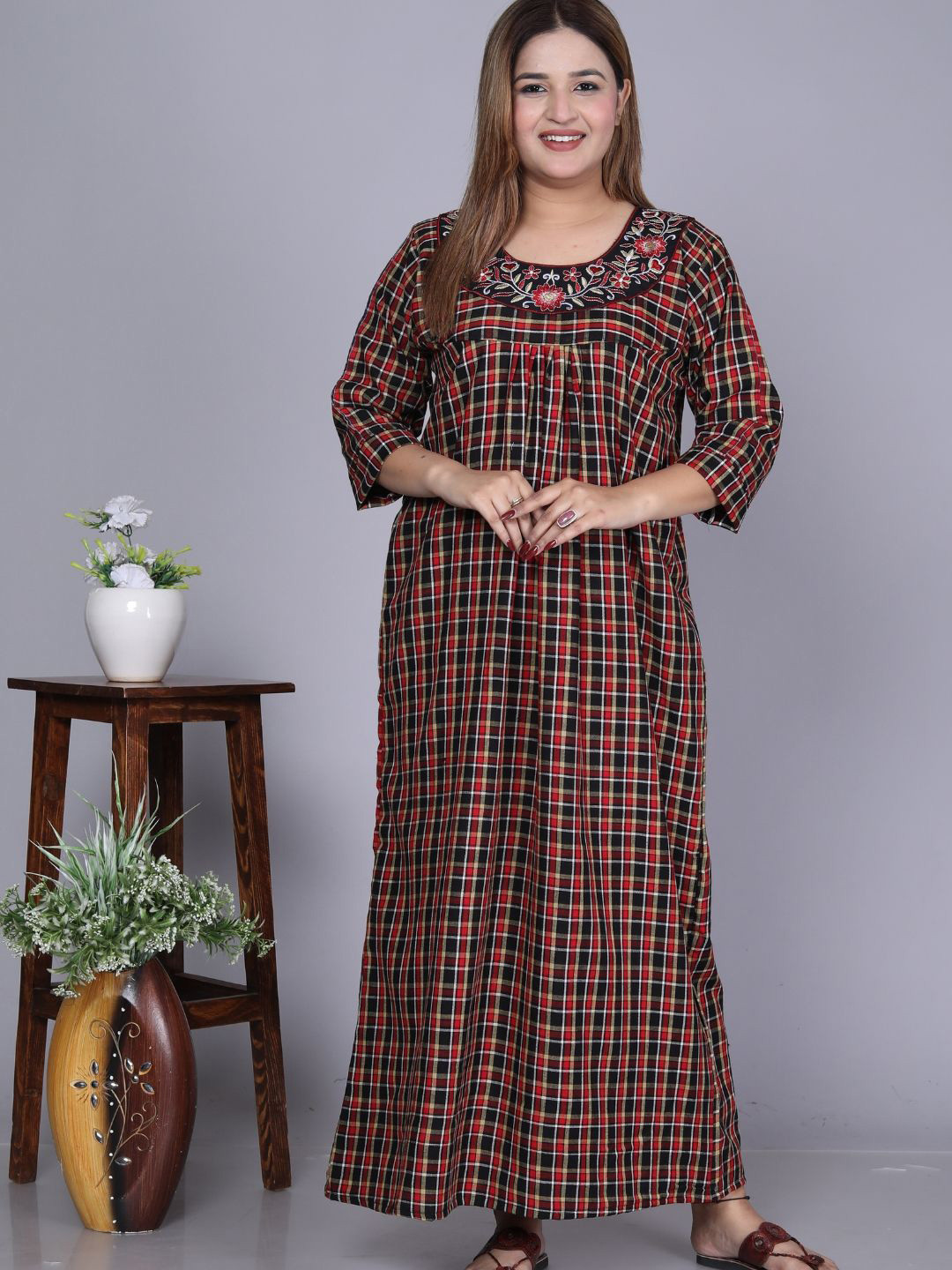 HARGUN NIGHT WEAR Checked Maxi Nightdress with Embroidered Neck