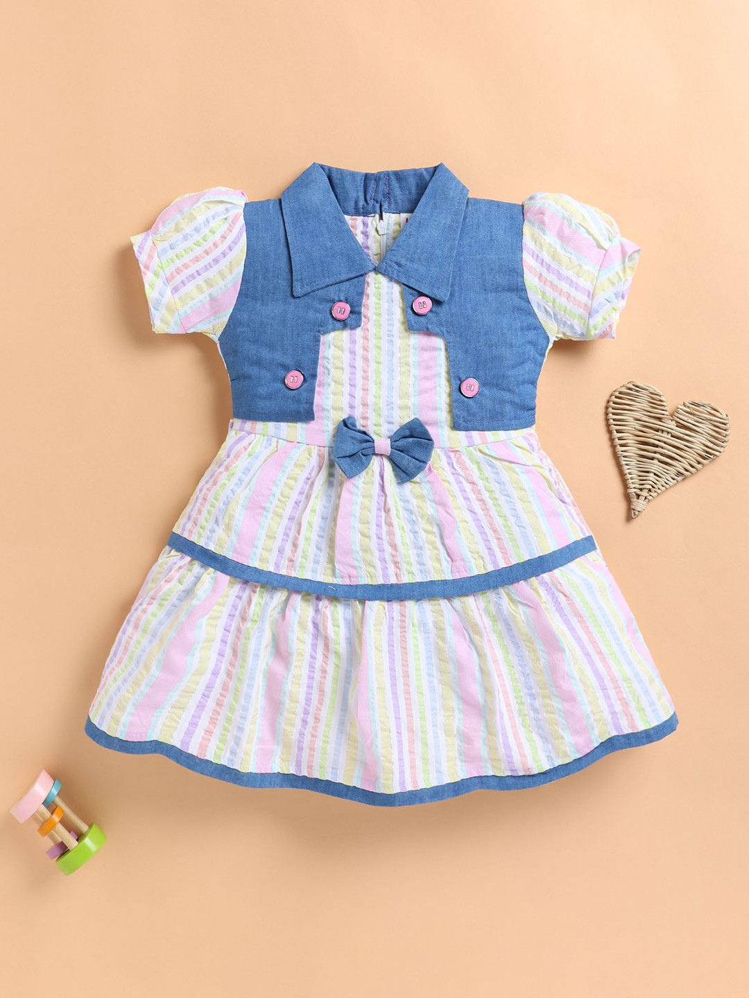 LACKii DOLL Girls Striped Puff Sleeve Denim Fit & Flare Dress