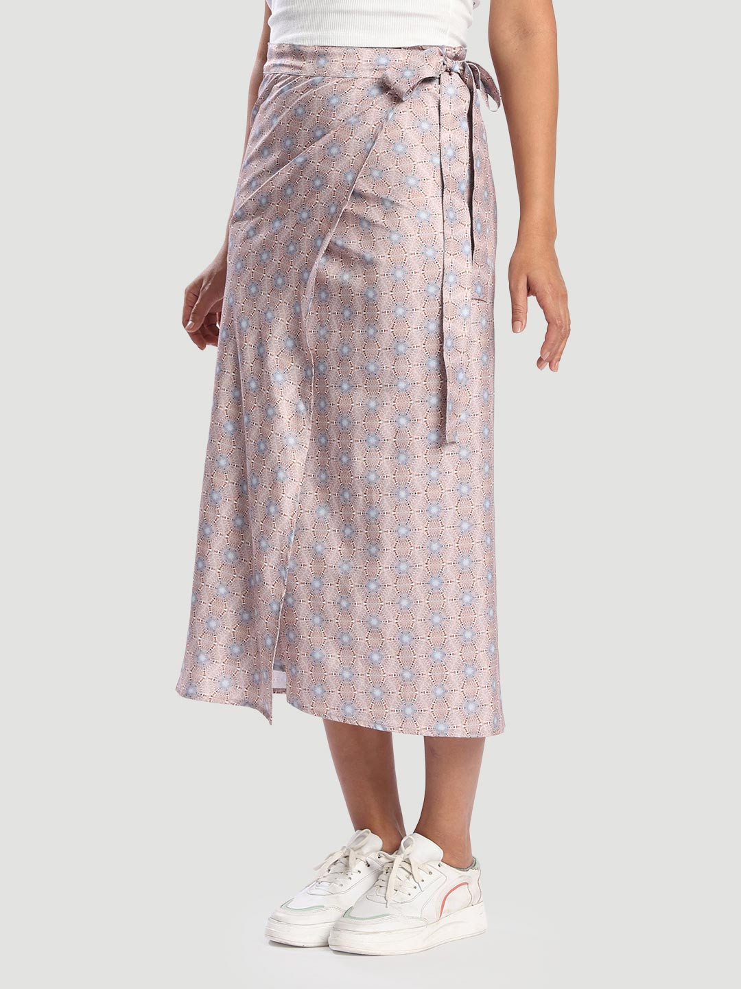 Bene Kleed Women Pink Satin Printed Wrap-Around Maxi Skirt