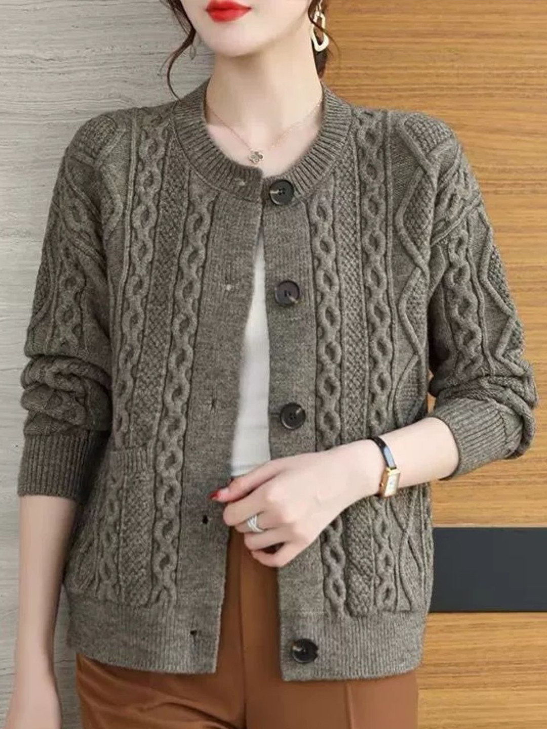 StyleCast Women Cable Knit Long Sleeves Synthetic Cardigan Sweater