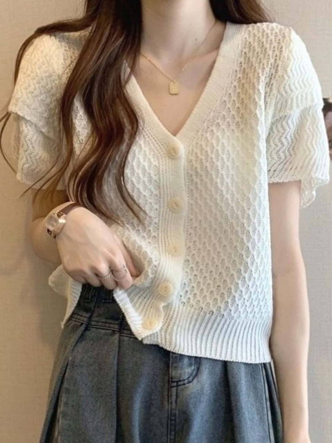 StyleCast Women Self design V Neck Short Sleeve Crop Cardigan