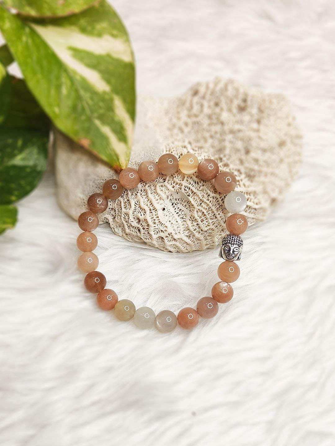 Cold Lava Studio Unisex Silver-Plated Moonstone & Crystals Beaded Elasticated Bracelet