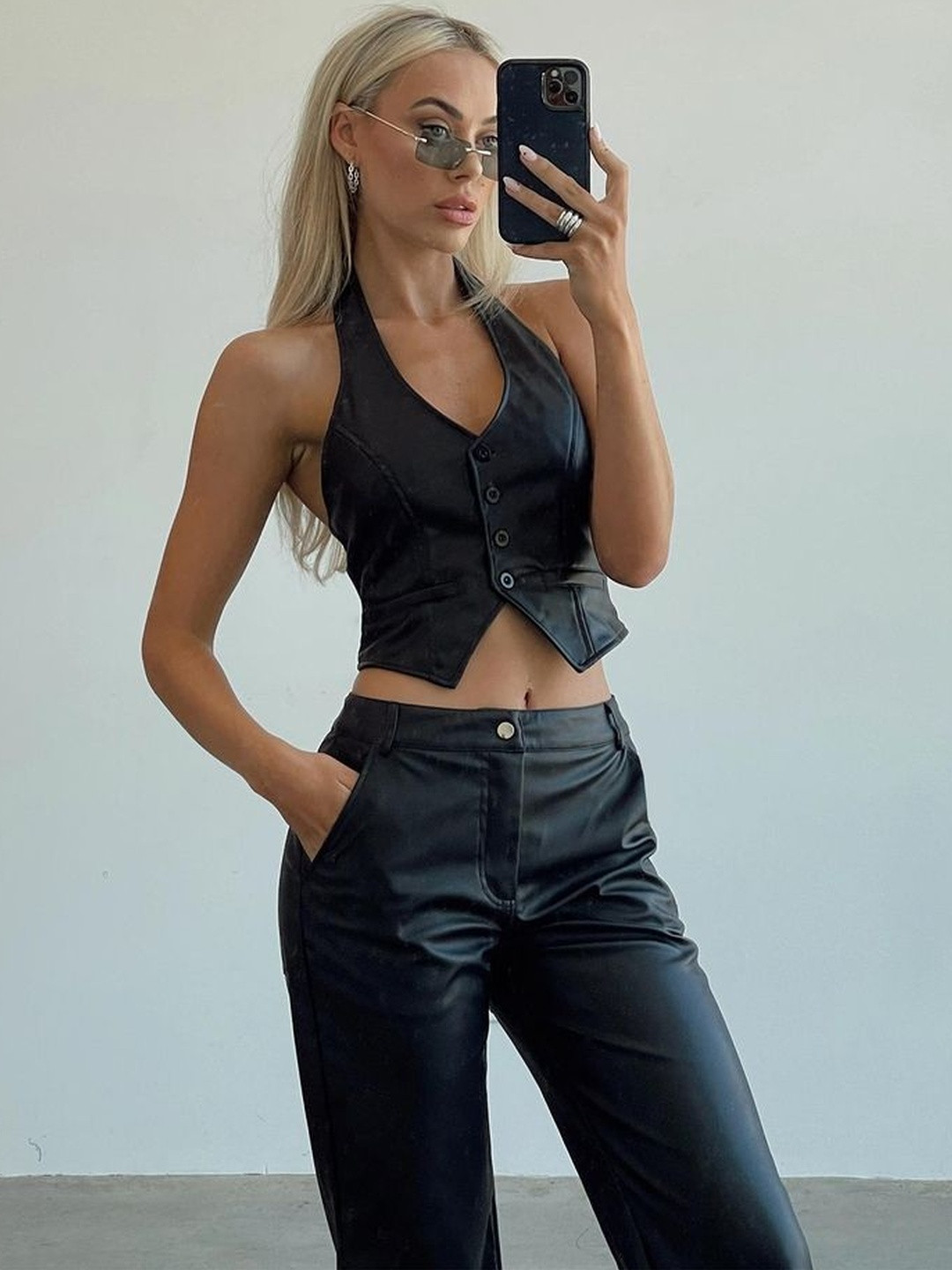 LULU & SKY Women Halter Neck Sleeveless Buttoned Crop Vest Top