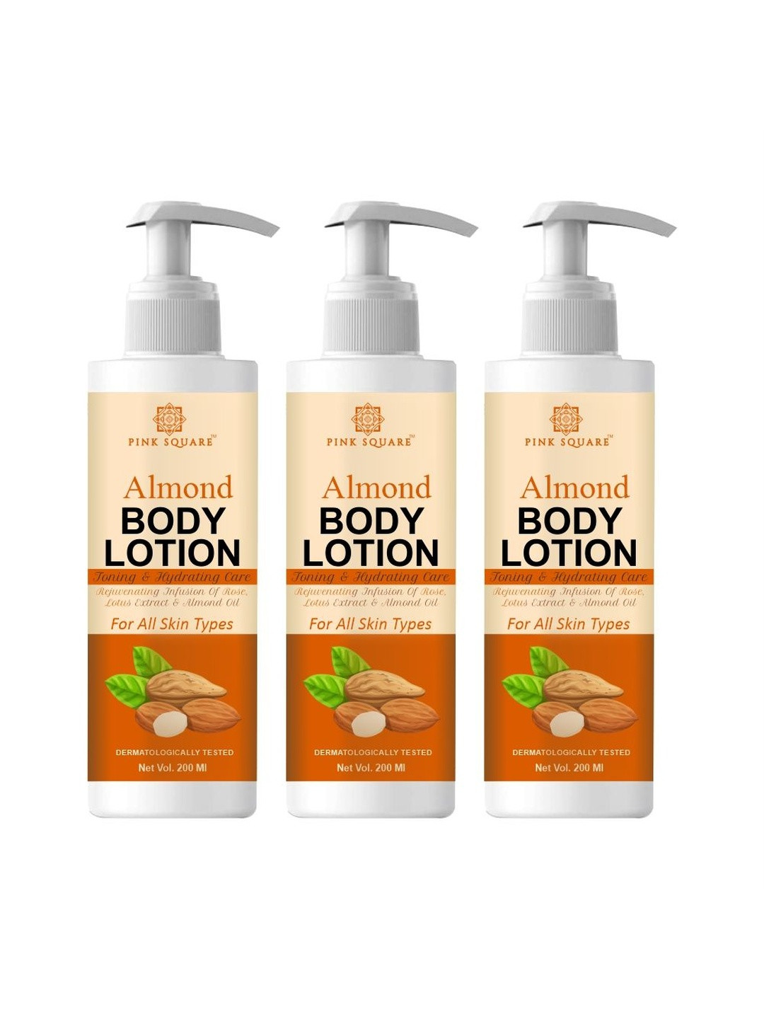 Pink Square Set Of 3 Almond Body Lotion For Skin Brightening & Hydrating - 200 ml Each
