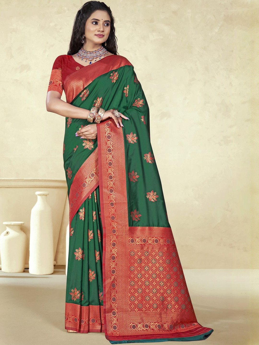 DEVATITHI Panghat Dark Green Woven Design Zari Silk Saree