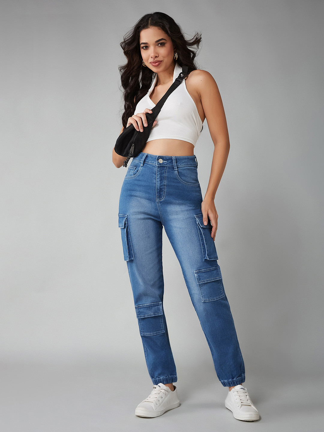 DOLCE CRUDO Women's Regular High Rise Regular Stretchable Denim Joggers