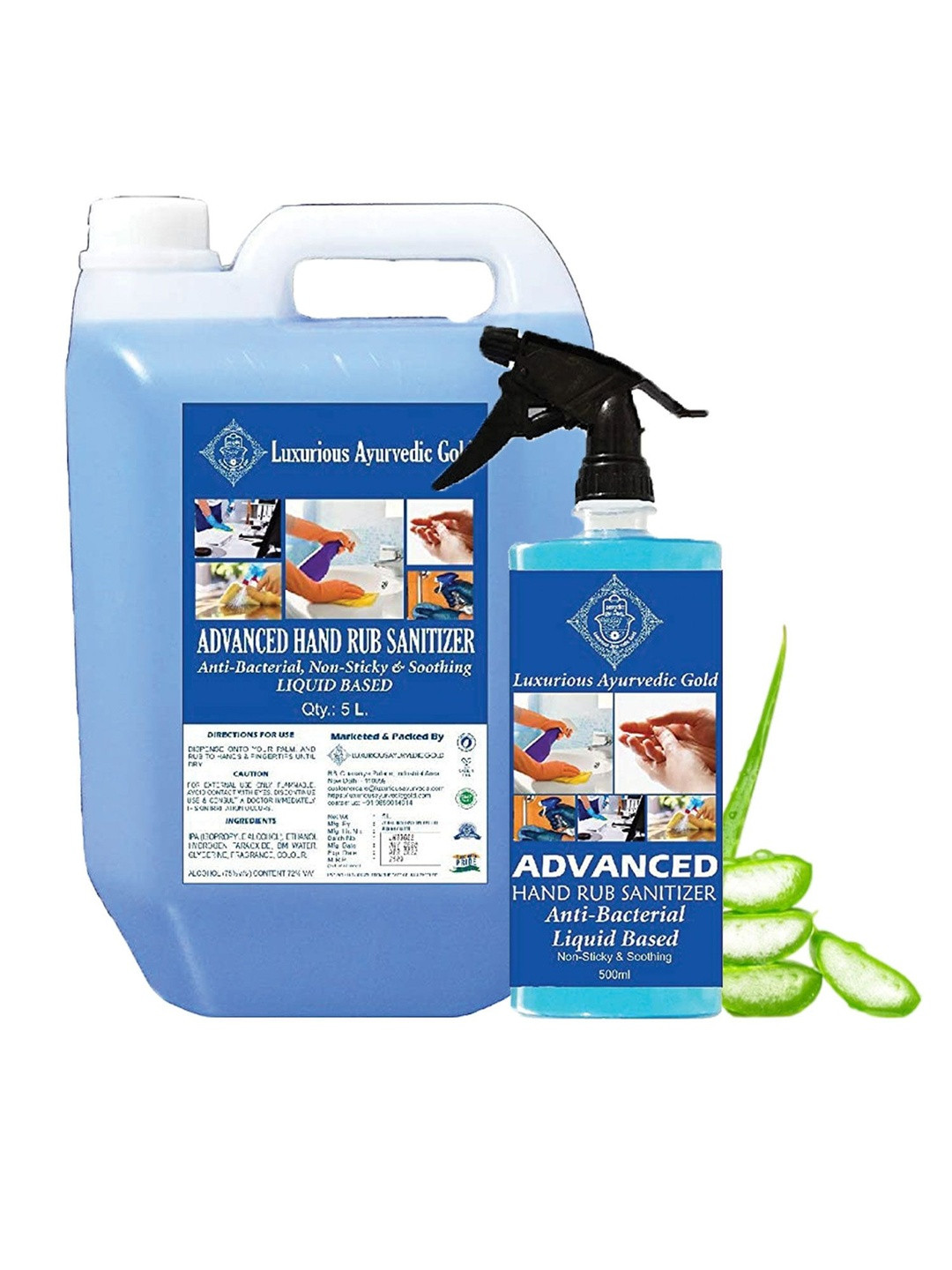 Luxurious Ayurvedic Gold Set Of 2 Advanced Hand Rub Non Sticky Sanitizer - 5 L & 500 ml