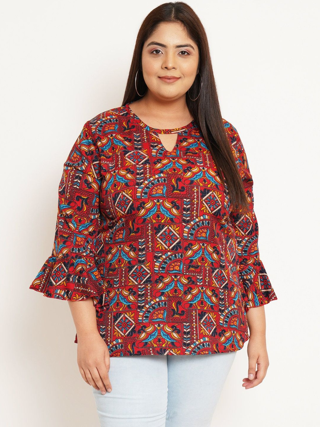 U&F Beyond Print Keyhole Neck Bell Sleeve Ethnic Crepe Top