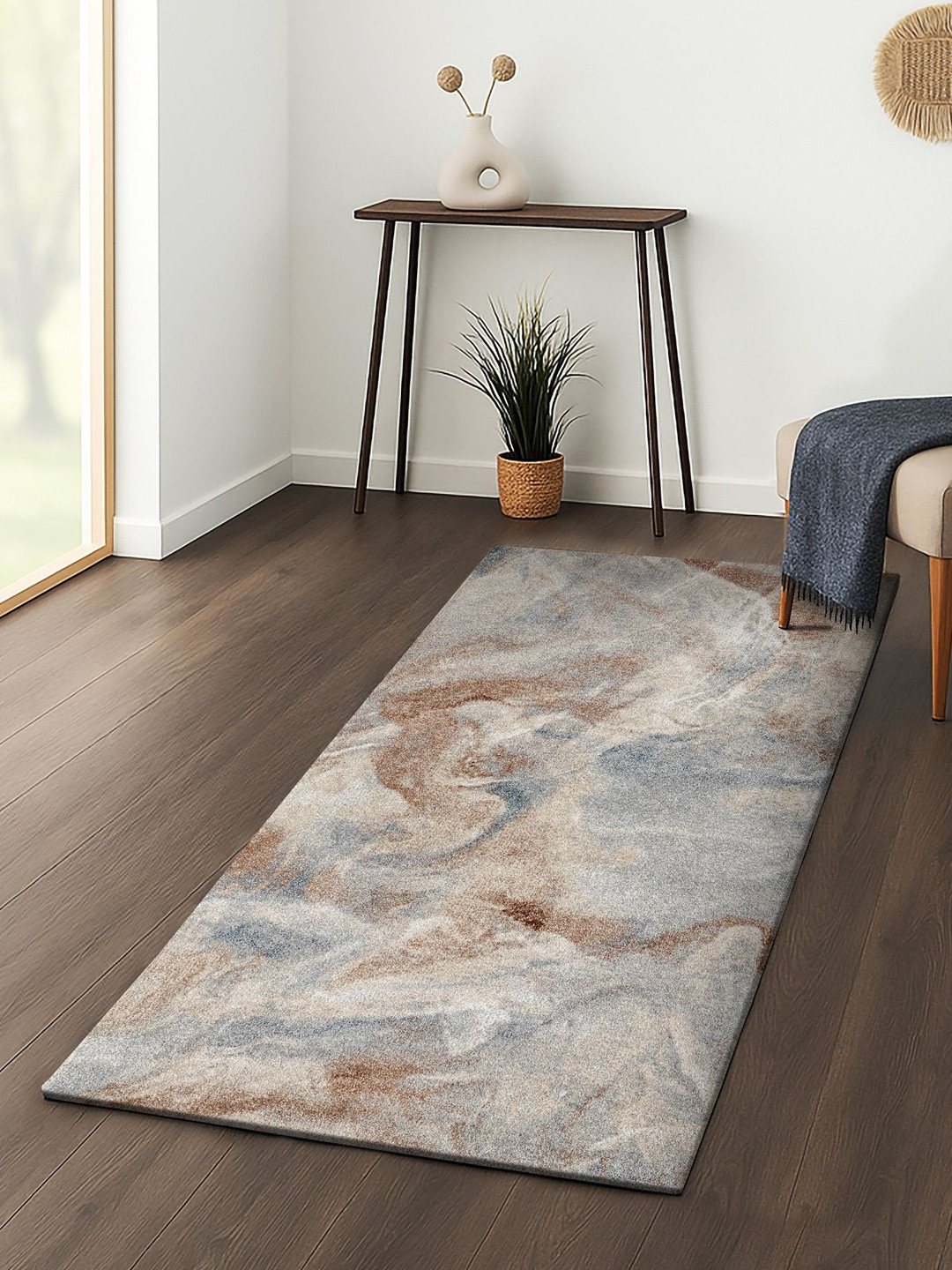 OBSESSIONS Rust & Blue Abstract Printed Textured Anti-Skid Floor Runner