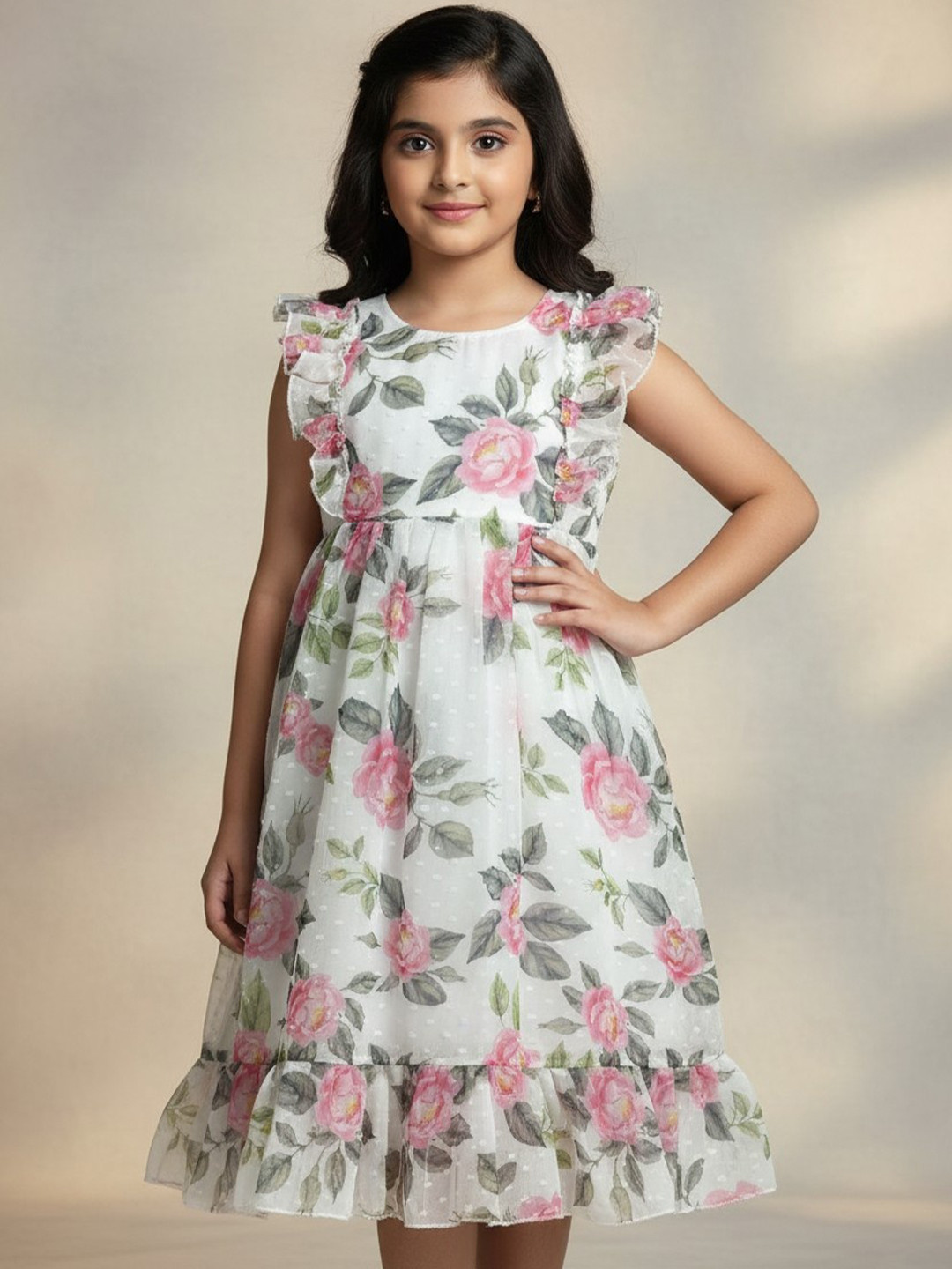 Color Trends Girls Floral Printed Ruffled Georgette Fit & Flare Dress