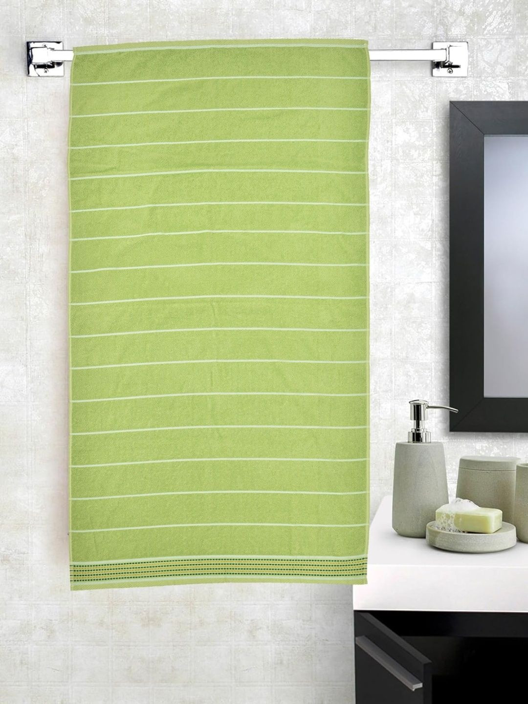Rustic Linen Green Striped Cotton Skin Friendly 500 GSM Bath Towel