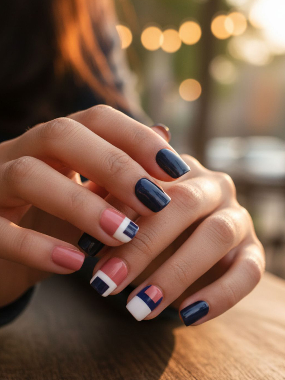 LICK 30 Pcs Matte Pattern Fake Artificial Press On Nails - Navy Blue