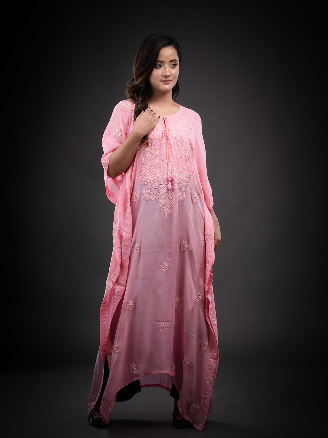 The Chikankari Raasaah Embroidered Tie-Up Neck  Chikankari Kimono Sleeve Kaftan Maxi Dress
