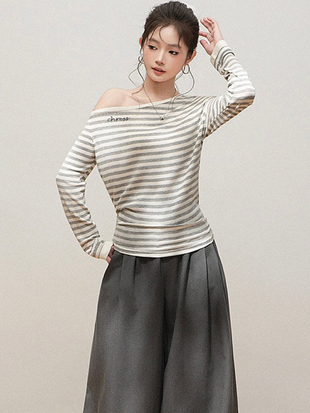 LULU & SKY Women Striped One Shoulder Long Sleeve Top