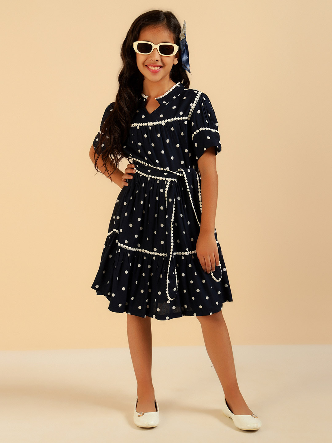 Bugandbees Girls Polka Dot Printed Tiered Fit & Flare Midi Dress With Belt