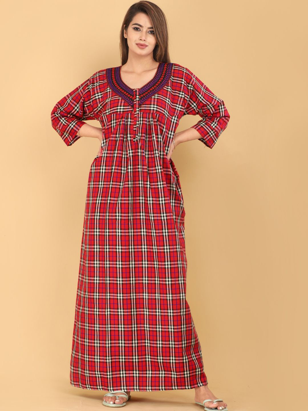 HARGUN NIGHT WEAR Women Checked Three-Quarter Sleeves Maxi Nightdress