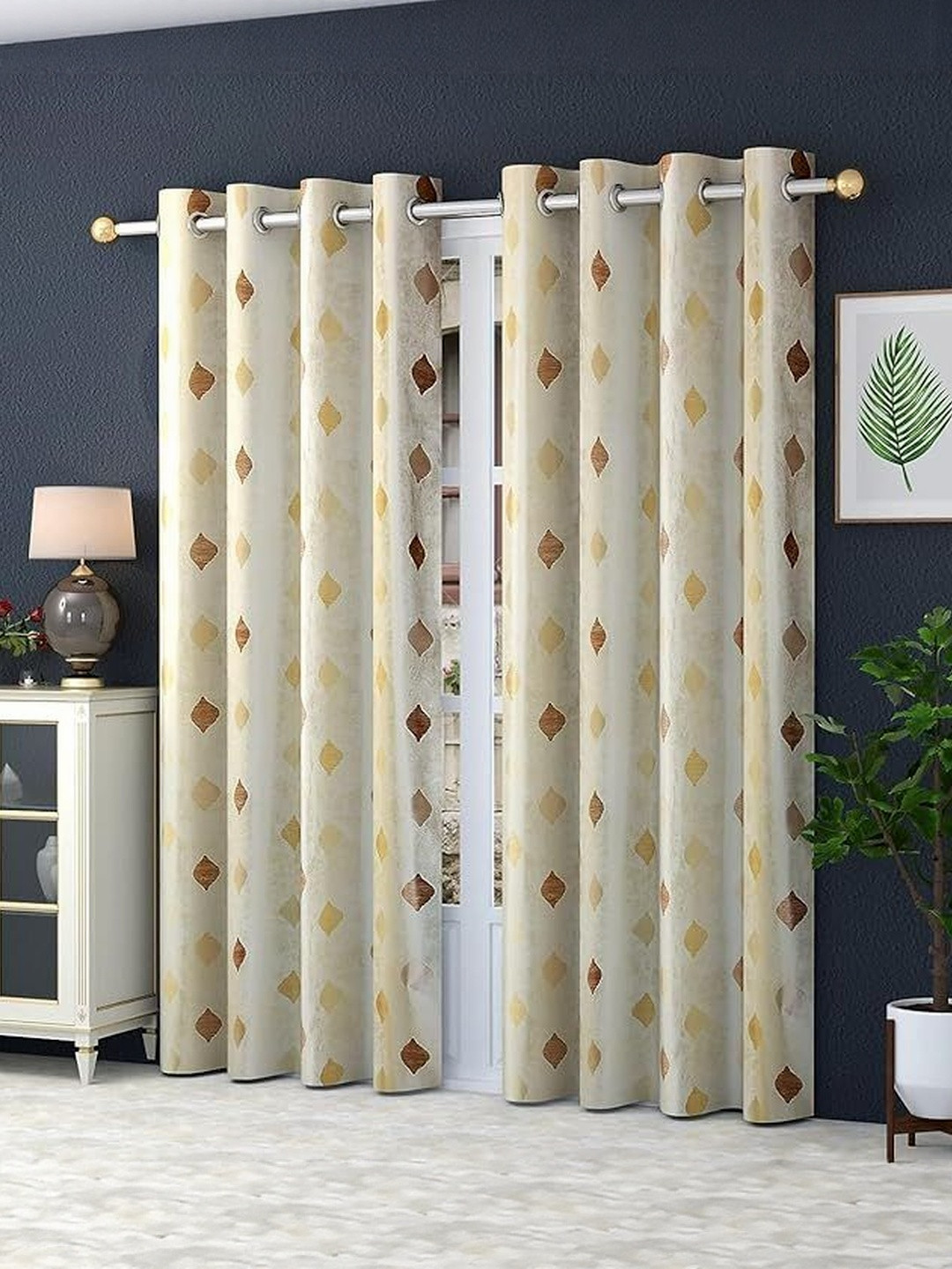 LUZDECOR Gold-Toned Geometric Printed 2 Pieces Window Room Darkening Eyelet Curtains
