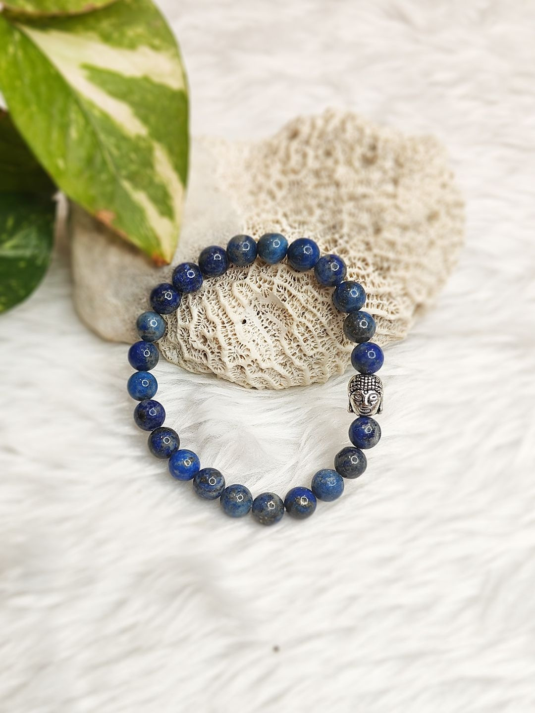 Cold Lava Studio Unisex Lapiz Lazuli Beaded Buddha Face Elasticated Bracelet