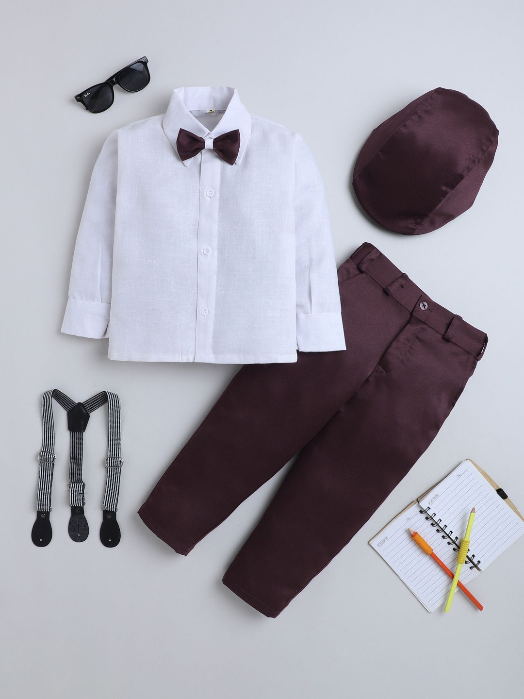 FOURFOLDS Boys Pure Cotton Bow Shirt Collar Shirt With Trousers