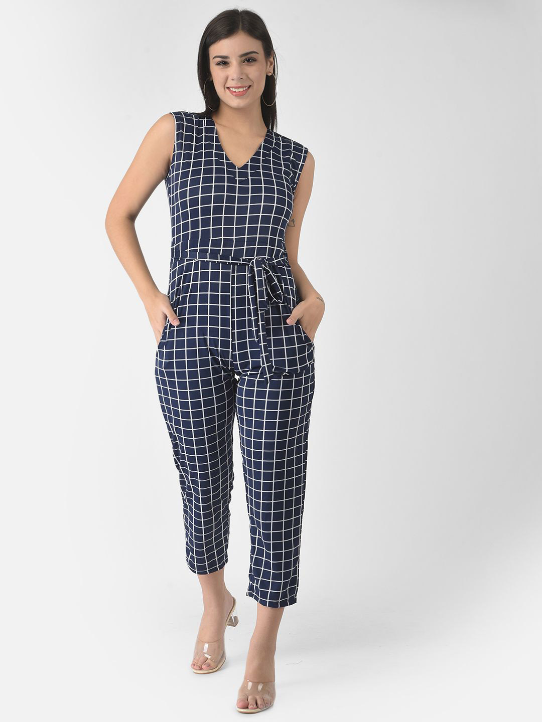 FNOCKS Women Checked Tie Ups Detail Cotton Basic Jumpsuit