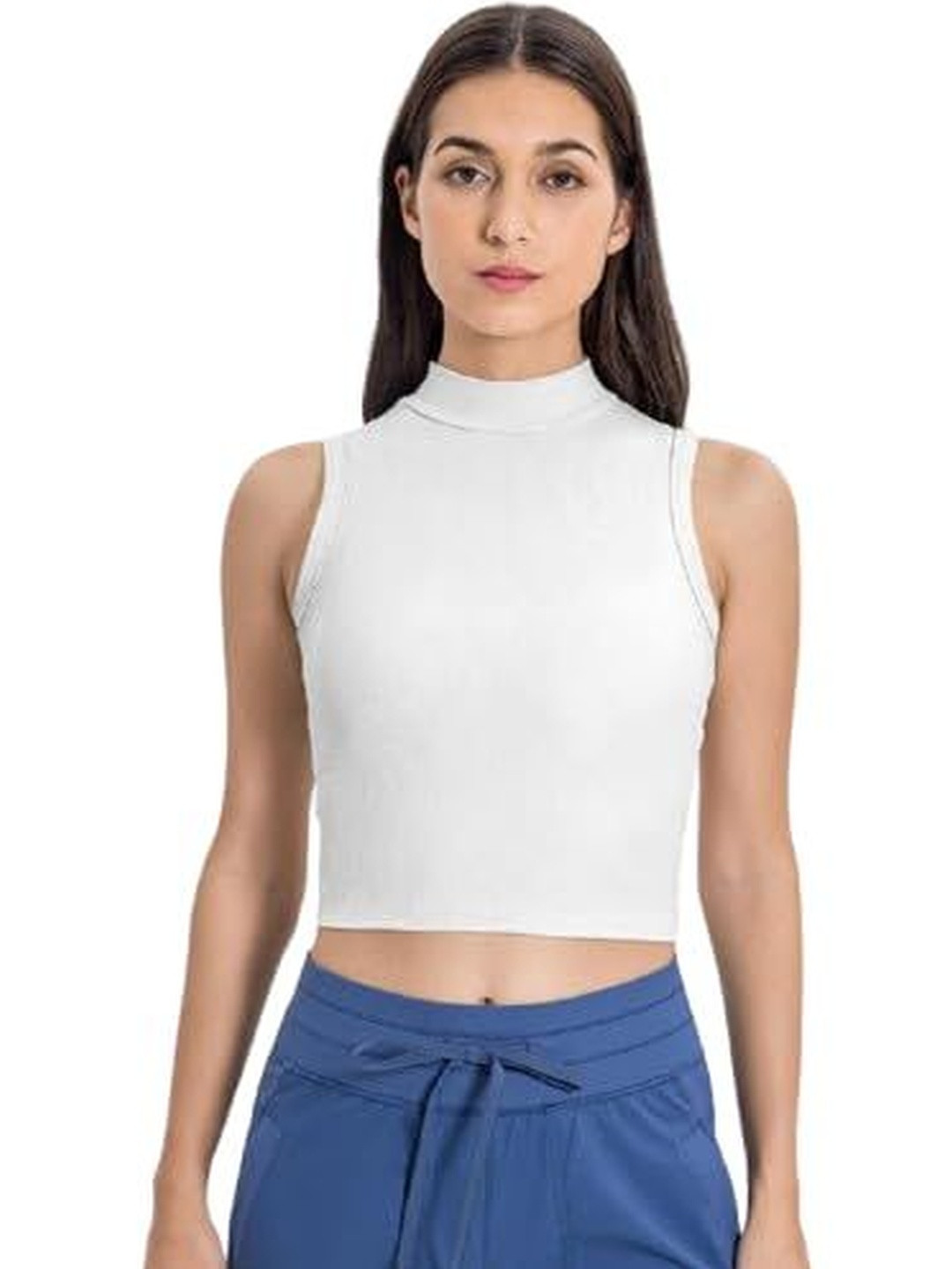 Eleg & Stilance High Neck Sleeveless Fleece Lined Crop Top