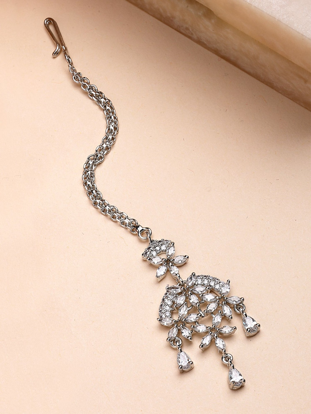 KARATCART Silver-Plated Lightweight American Diamond Stone Studded Maang Tikka