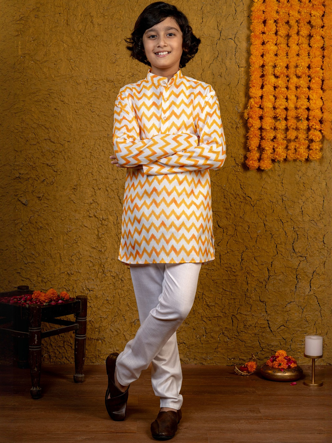 Sangria Boys Chevron Zigzag Printed Kurta With Pyjamas