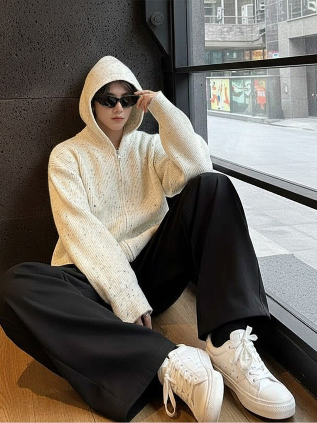 HERE&NOW Men Abstract Printed Long Sleeves Hooded Longline Front Open Sweaters