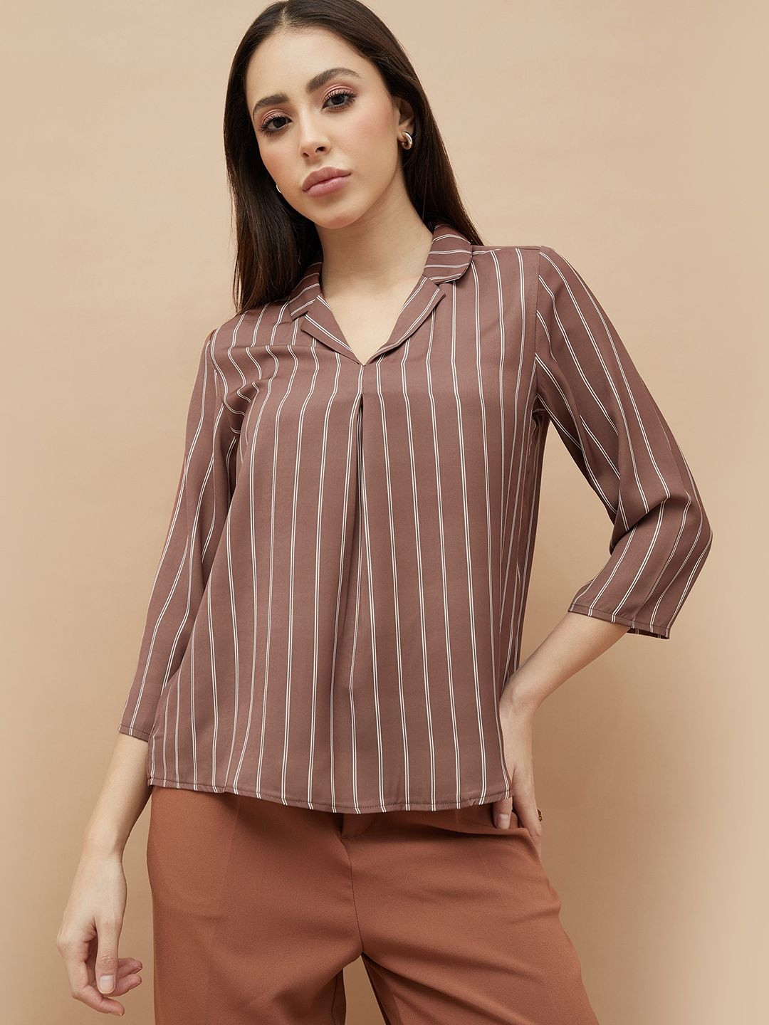CODE by Lifestyle Women Vertical Stripes Striped Lapel Collar Shirt Style Top