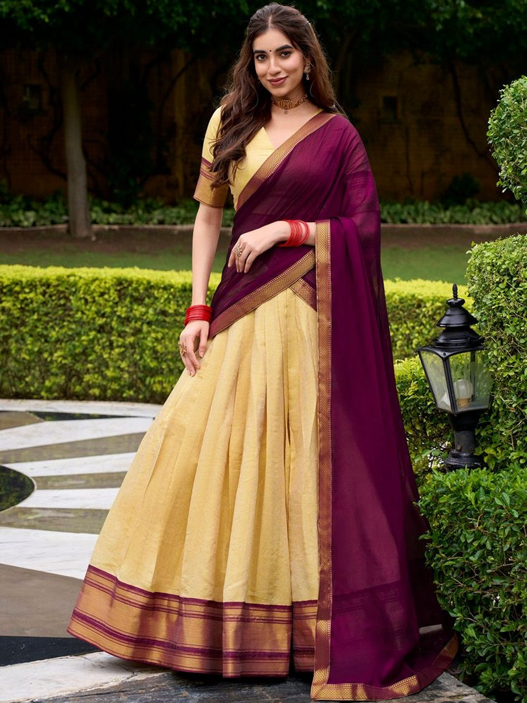 LOOKNBOOK ART Woven Design U-Neck Ready to Wear Lehenga & Blouse With Dupatta