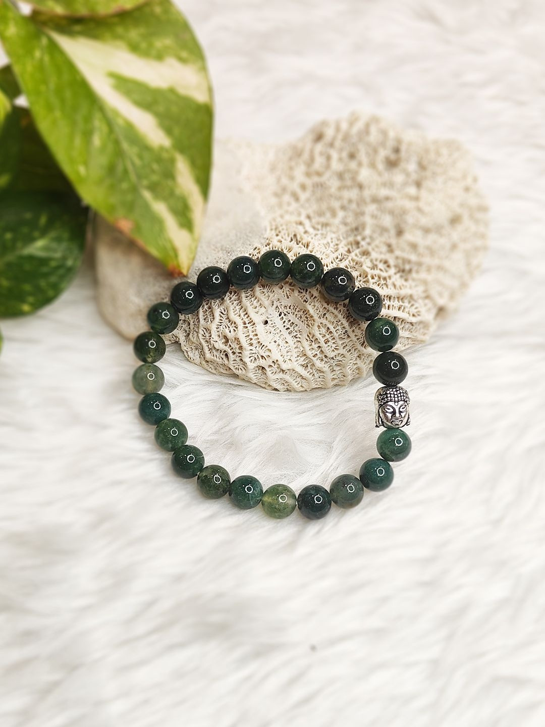 Cold Lava Studio Unisex Silver-Plated Moss Agate & Crystals Beaded Elasticated Bracelet