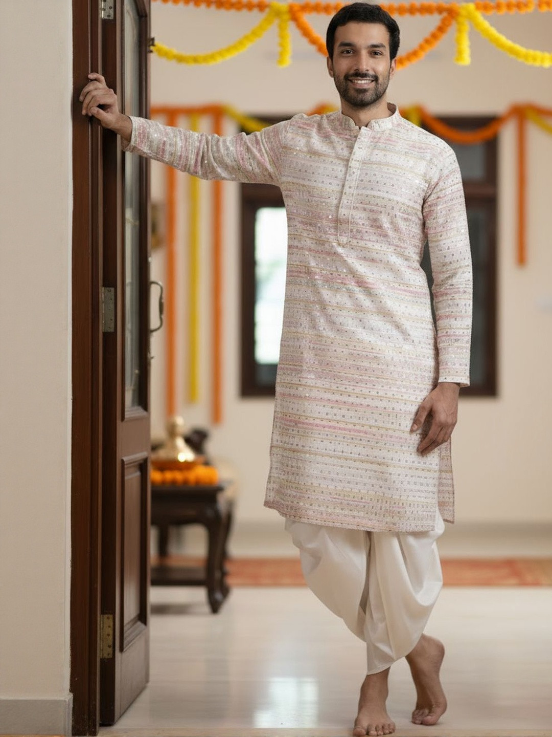 KISAH Men Embellished Kurta Dhoti Set Slim fit Elegant Festive Ethnic Outfit