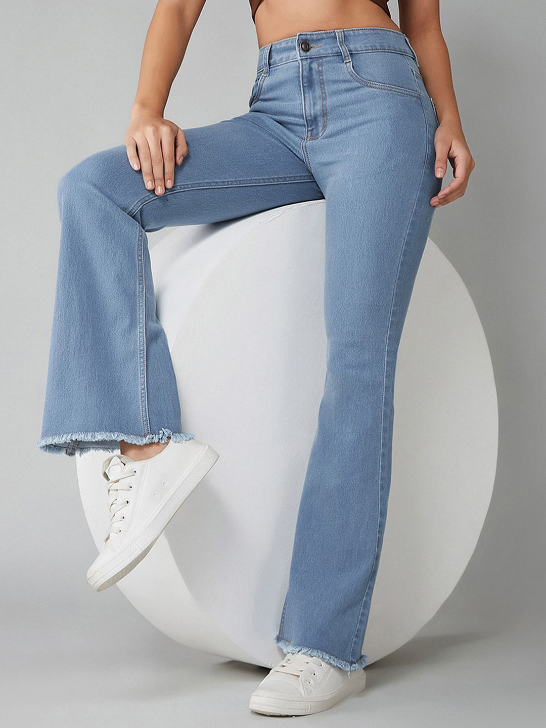 DOLCE CRUDO Women's Light Blue Bootcut High rise Clean look Stretchable Denim Jeans