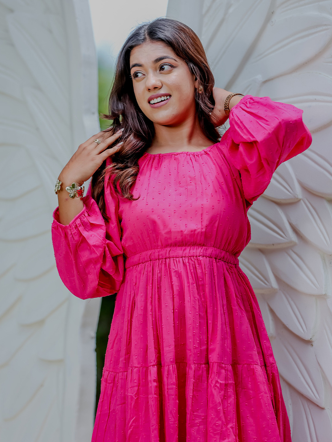 Deeps Fashion Women Self Design Puff Sleeve Fit & Flare Dress