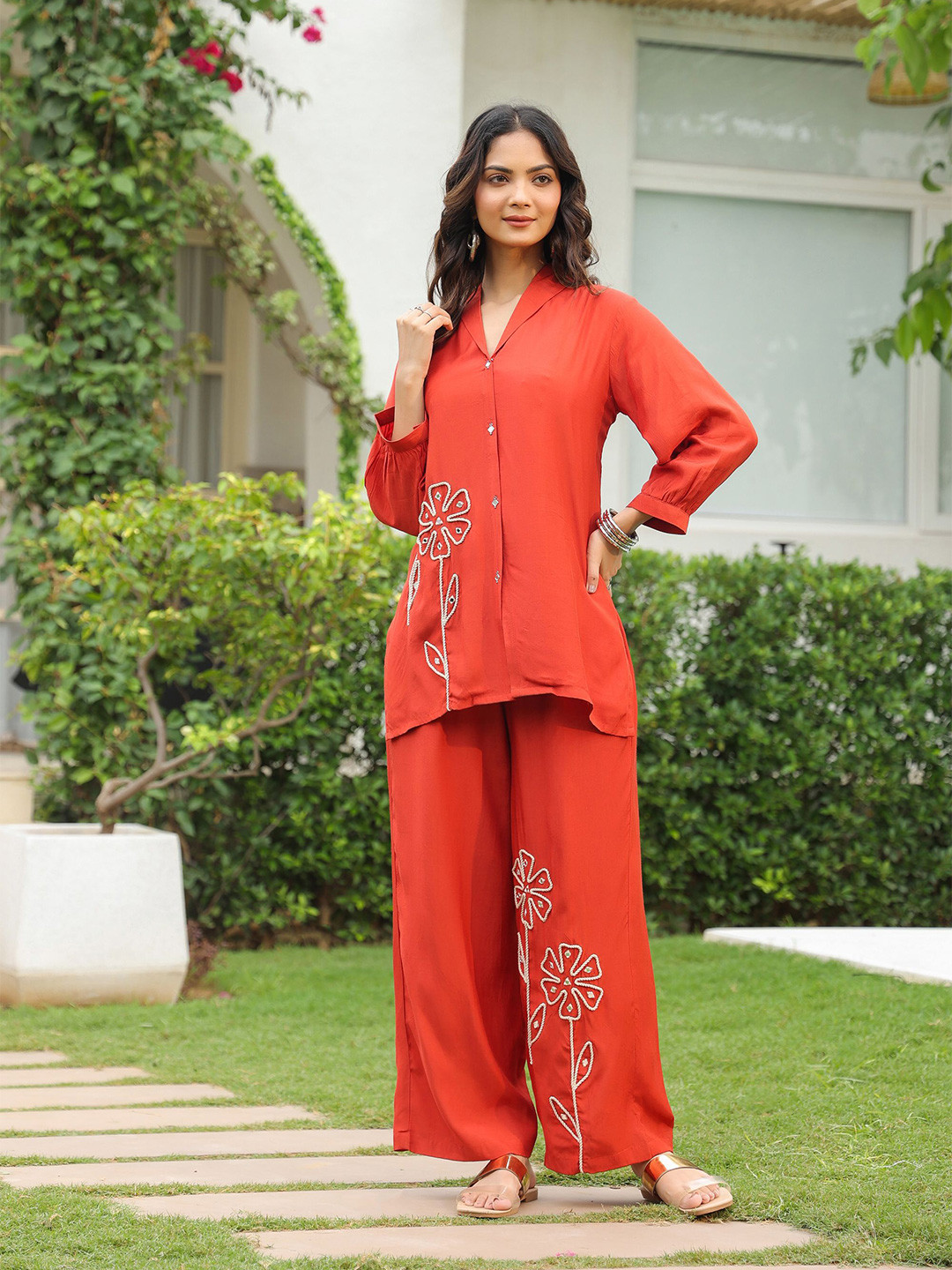 JISORA Floral Embroidered Shawl Collar Russian Silk Tunic With Palazzos Co-Ords