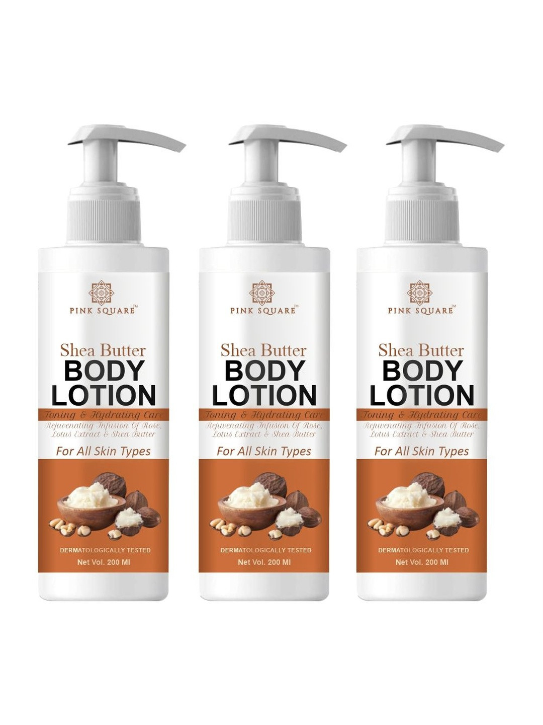 Pink Square Set Of 3 Shea Butter Body Lotion For Deep Moisturizing - 200 ml Each