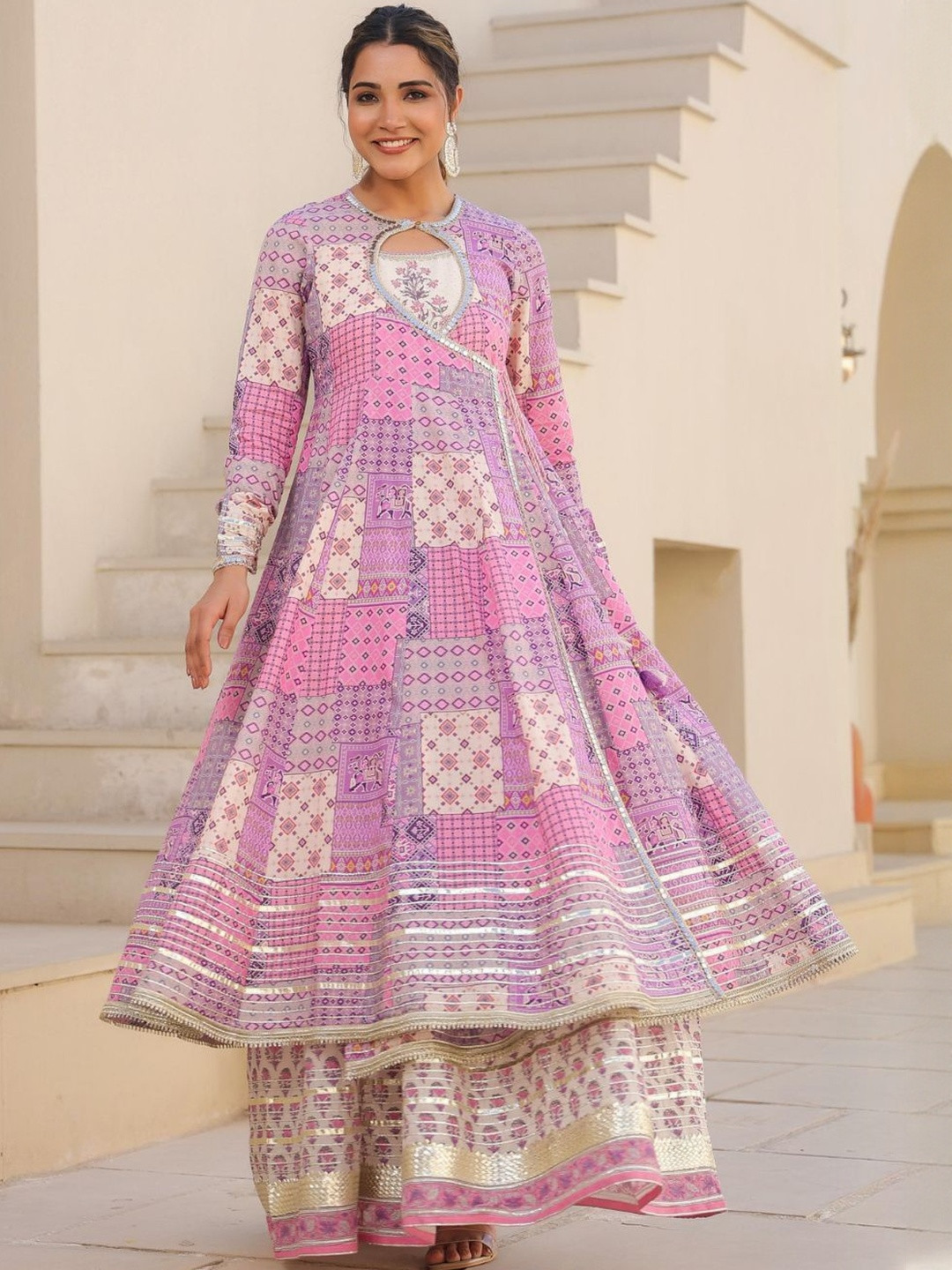 Zolo Label Geometric Printed Angrakha Mirror Work Cotton Ethnic Dress With Inner