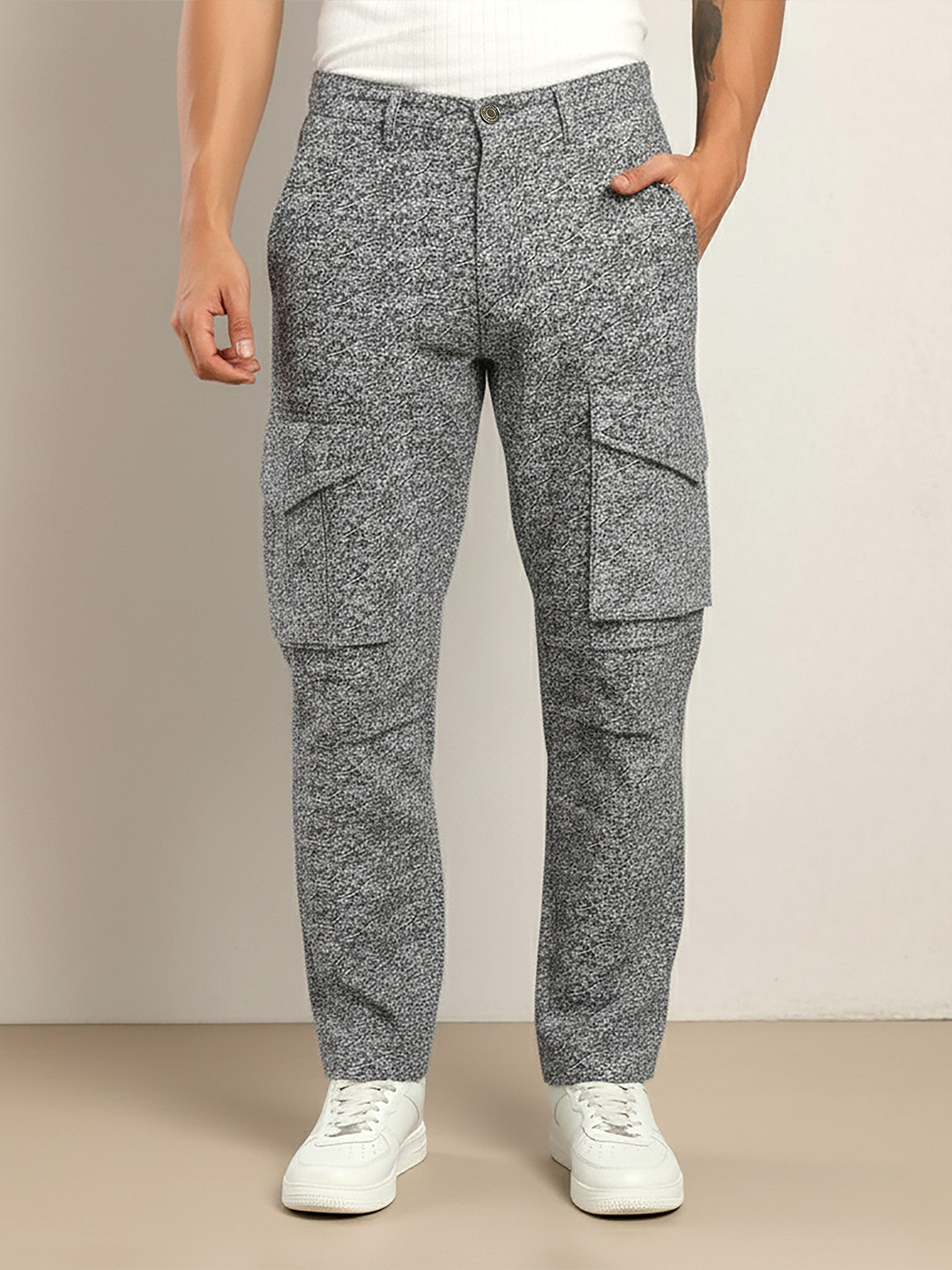 Beyoung Men Cotton Relaxed Grey Color Blast Cargo Pants Trousers