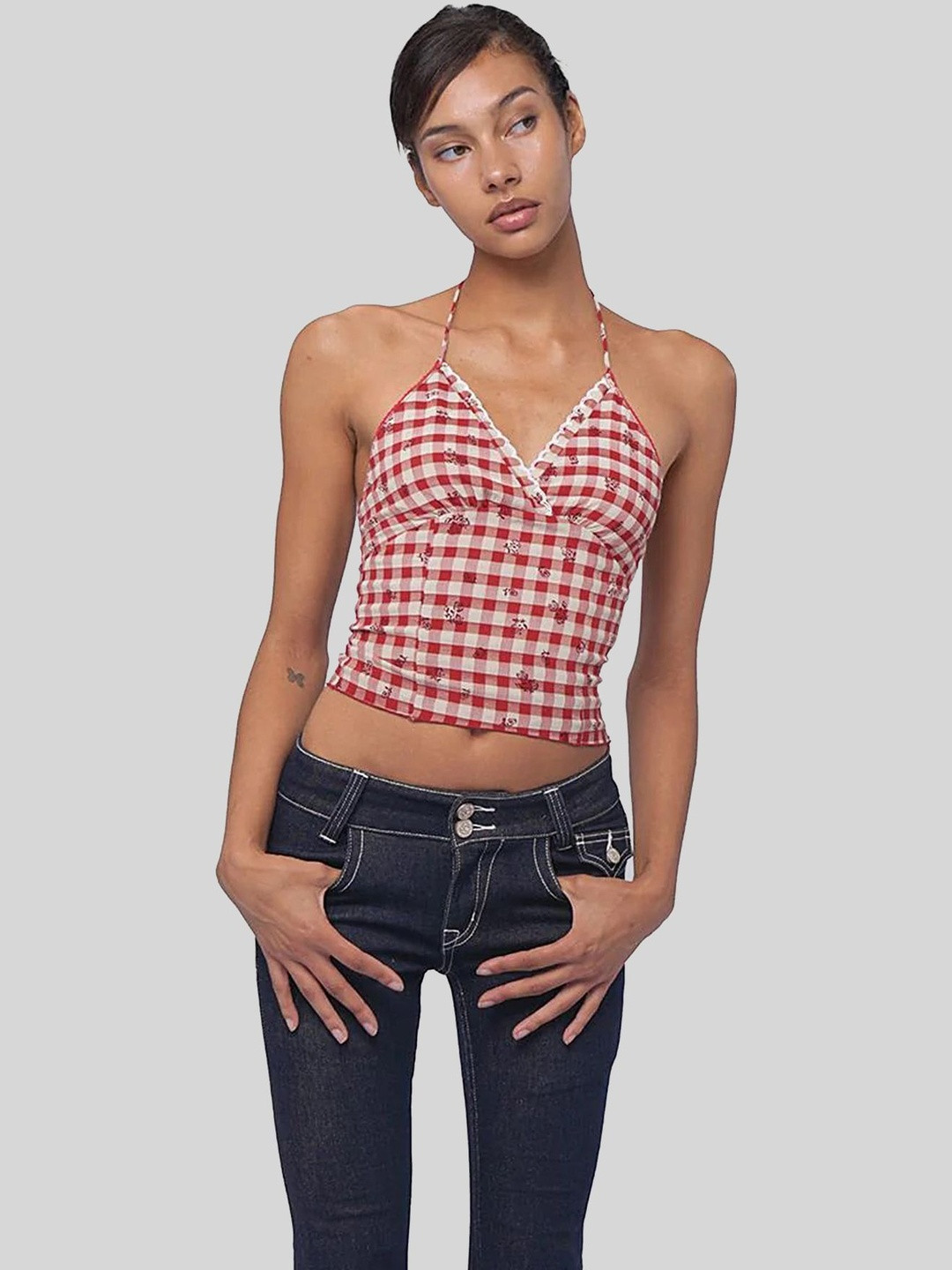 LULU & SKY Checked Halter Neck Crop Top