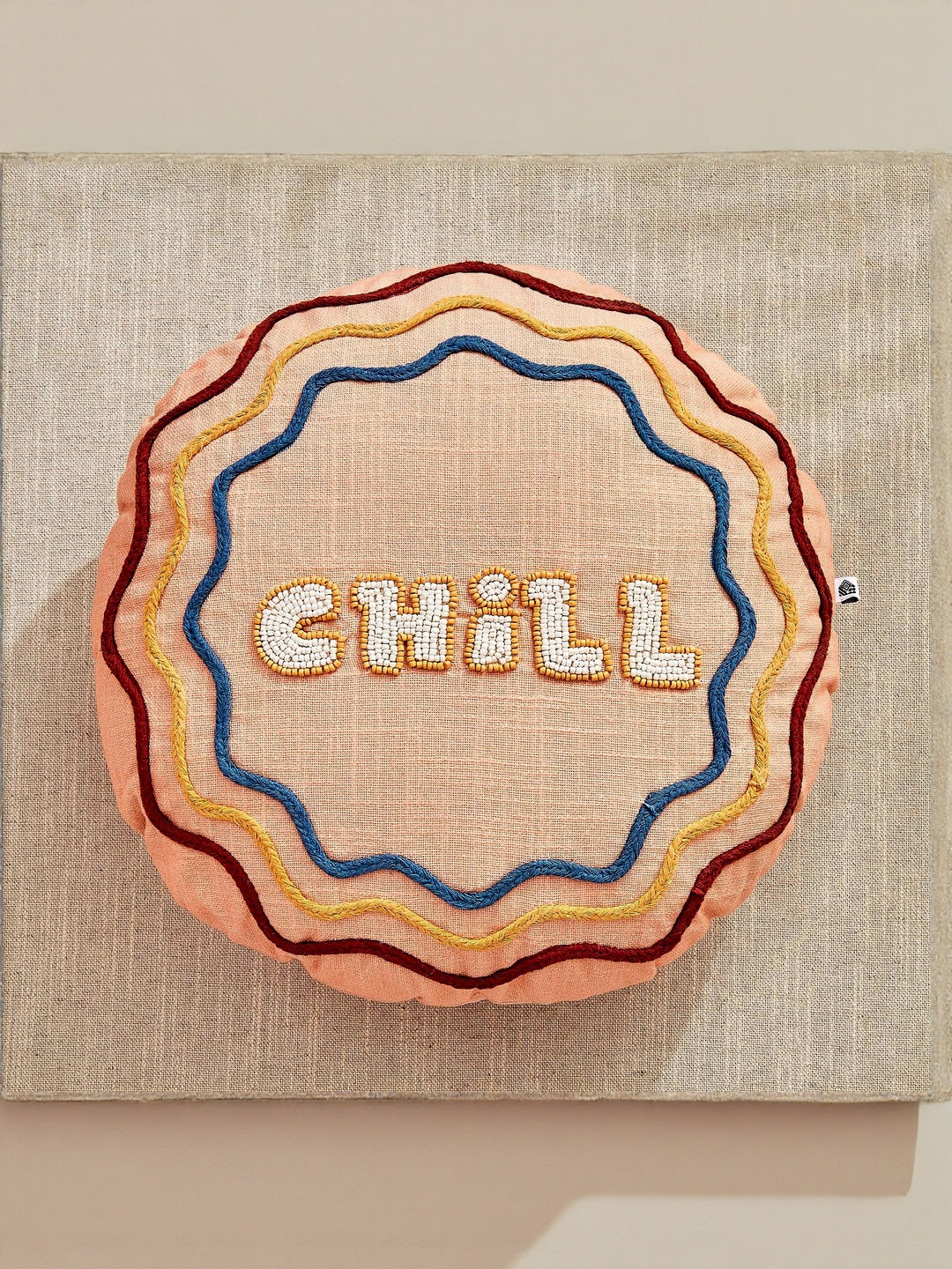 Home Centre Glance Chill Orange-Coloured & Blue Embellished Pre-Filled Round Cushion