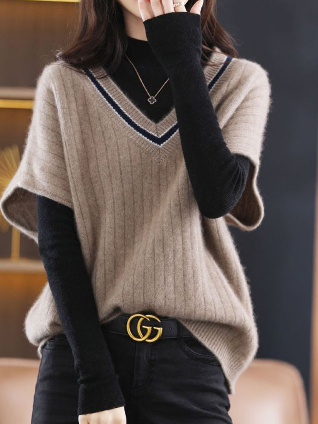 StyleCast Women Cashmere V-Neck Short Sleeves Pullover