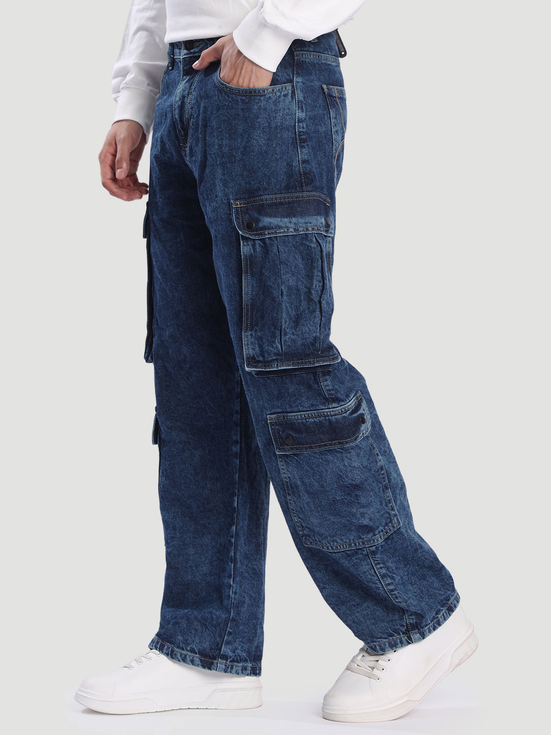 Bene Kleed Men Men Mid-Rise 9 Cargo Pocket Baggy Denim Trouser