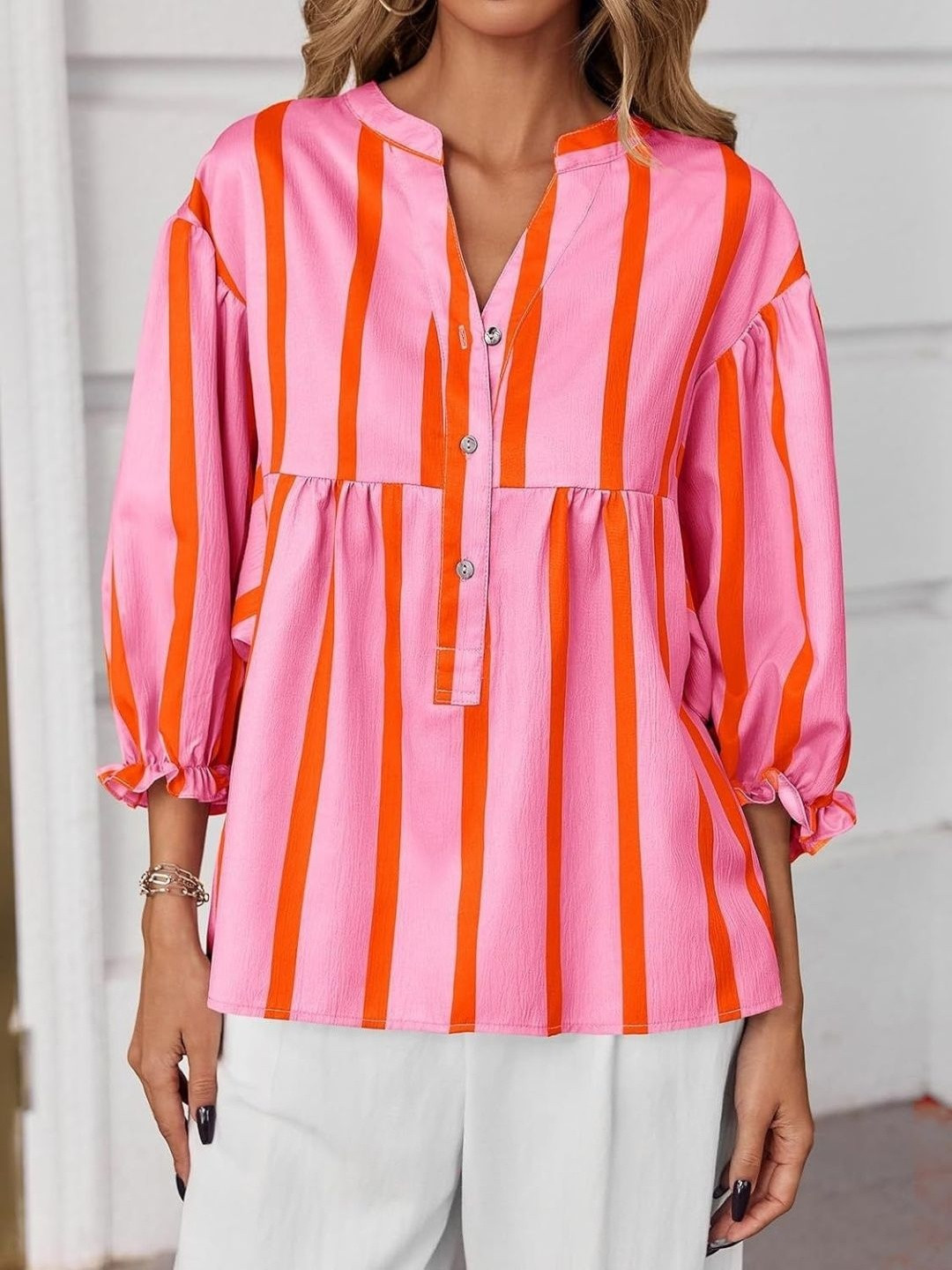 StyleCast Pink Striped V-Neck Puff Sleeve Top