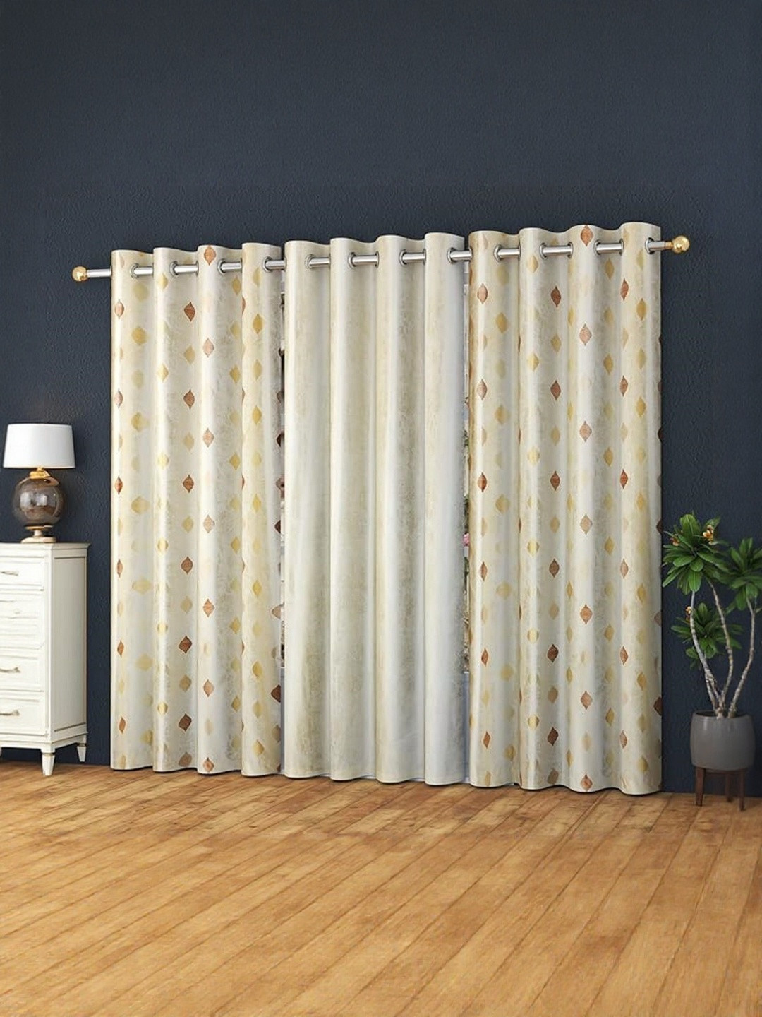 LUZDECOR Gold Toned Abstract Printed 3 Pieces Window Room Darkening Eyelet Curtains