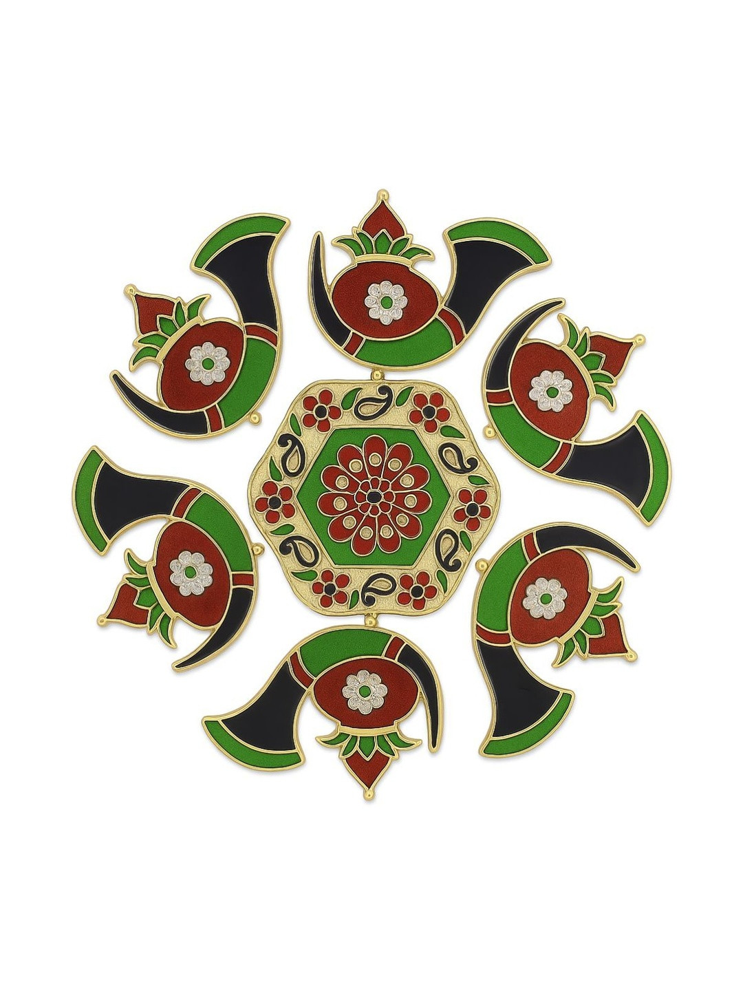 Tiny Shiny Green And Red 7 Peices Kalash Meena Stone Rangoli