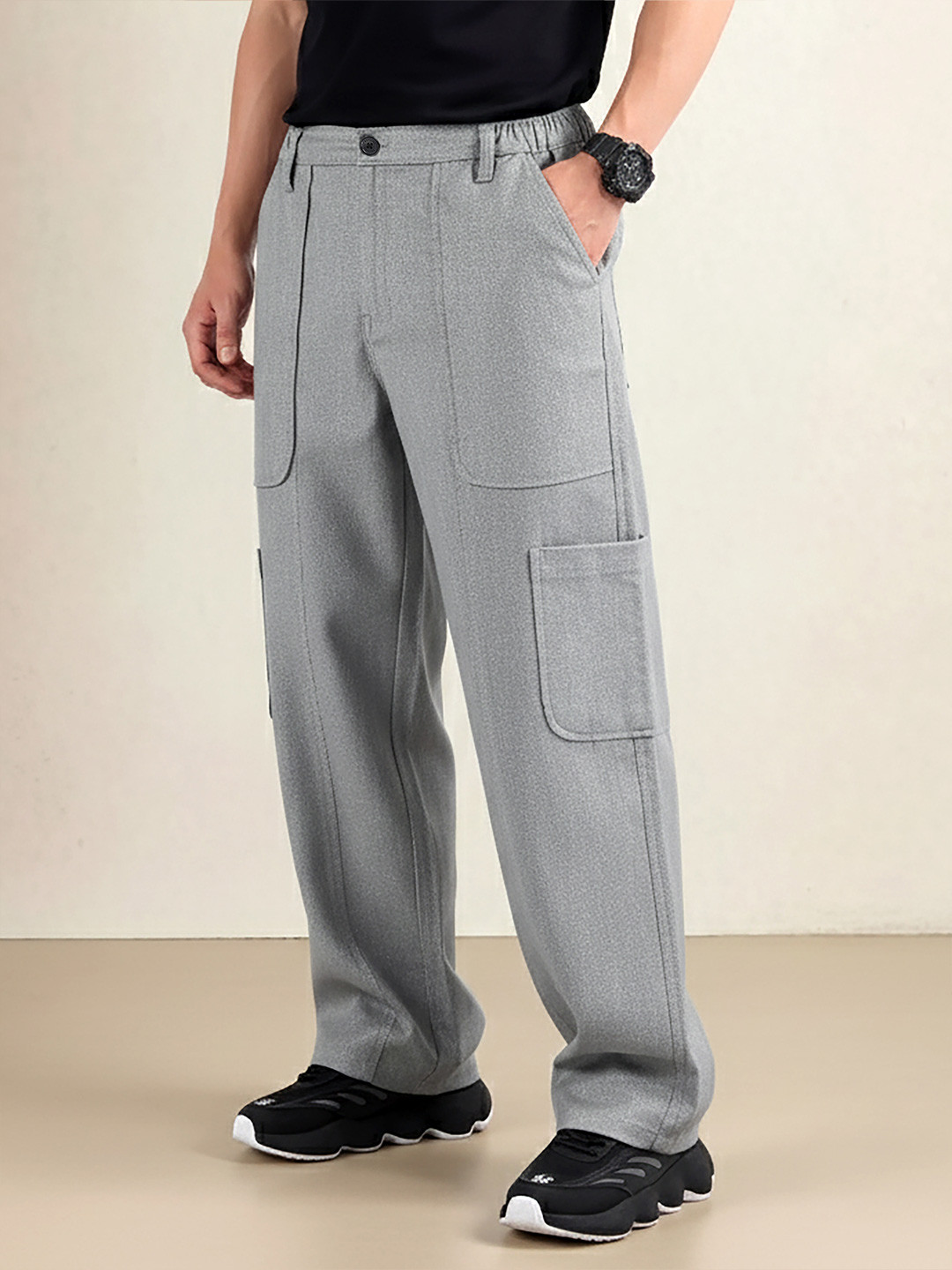 Beyoung Men Light Grey Side Elasticated Cargo Pants