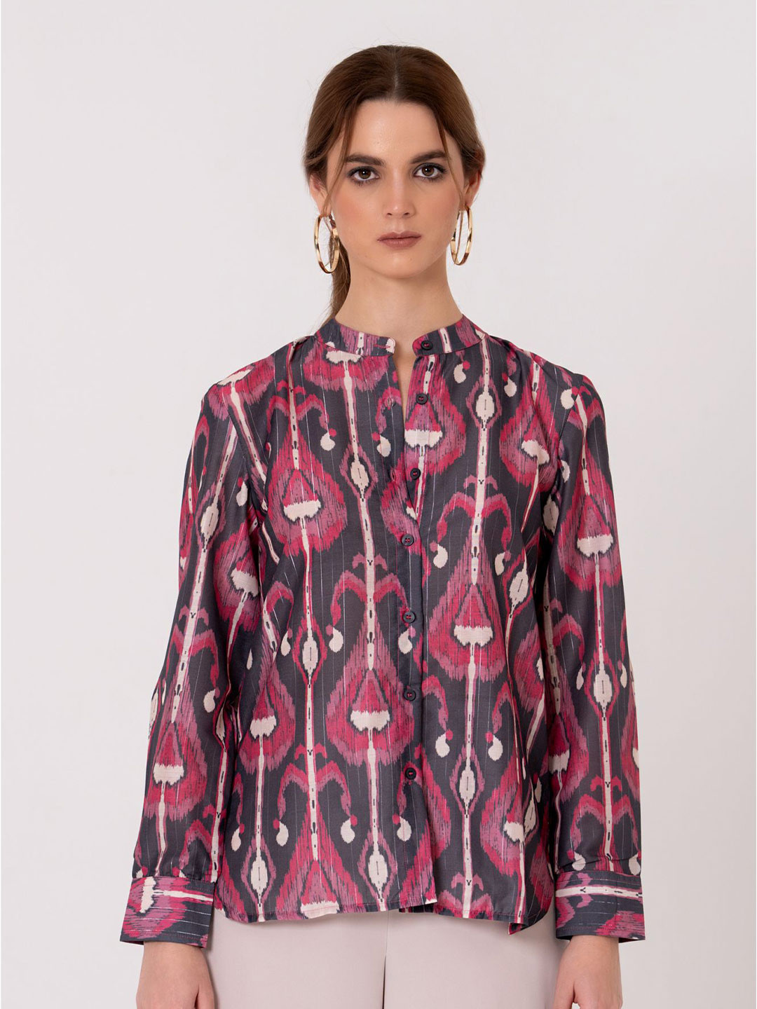 KALAMIR Women Comfort Fit Abstract Printed Band Collar Cotton Casual Shirt