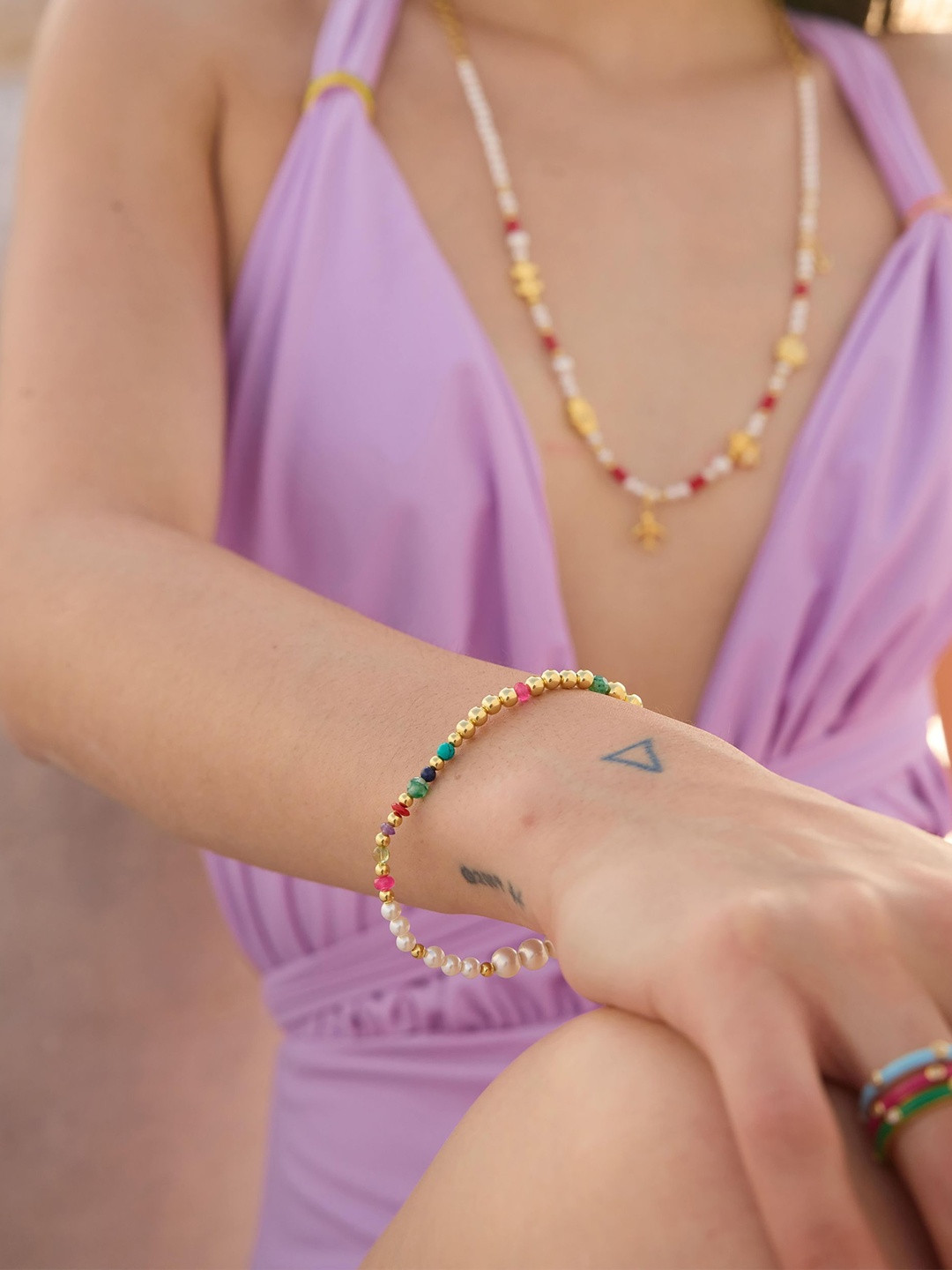 Nishani 925 Sterling Silver Gold-Plated Enishi Pearls Beaded Elasticated Bracelet